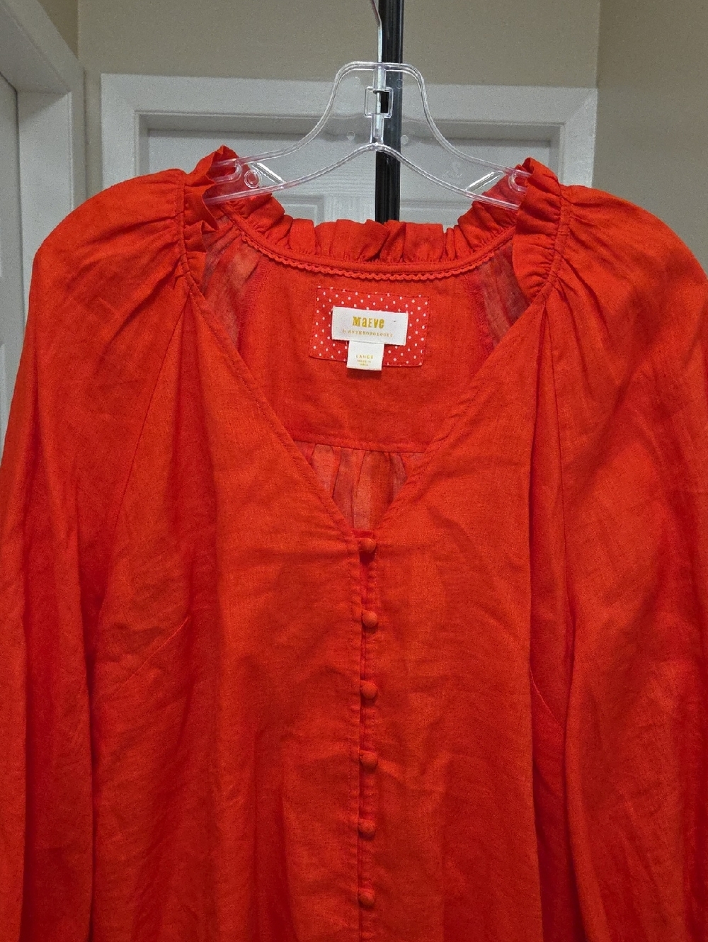 Anthropologie Maeve 100% Linen Red Peasant Blouse Button Front Boho Top - Picture 6 of 12